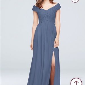 CRISSCROSS OFF-THE-SHOULDER MESH BRIDESMAID DRESS